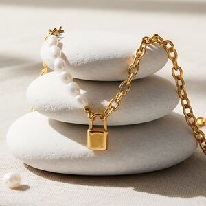 Stunning 18K Gold Plated Freshwater Pearl Necklace with Padlock Charm 🔒 ✨